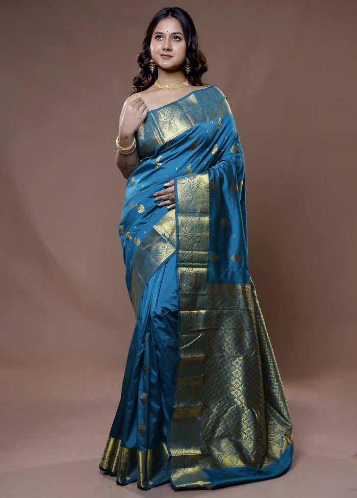 Blue Kanjivaram Silk Saree With Blouse Piece - Indian Silk House Agencies