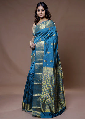 Blue Kanjivaram Silk Saree With Blouse Piece - Indian Silk House Agencies