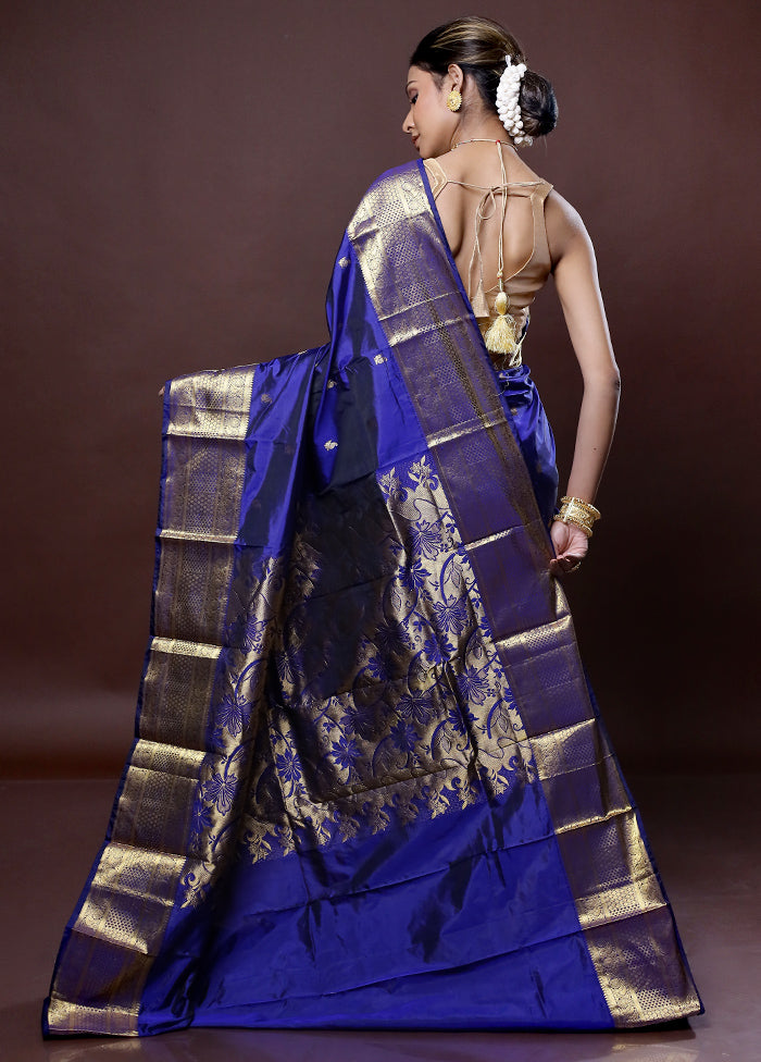 Blue Kanjivaram Silk Saree Without Blouse Piece - Indian Silk House Agencies