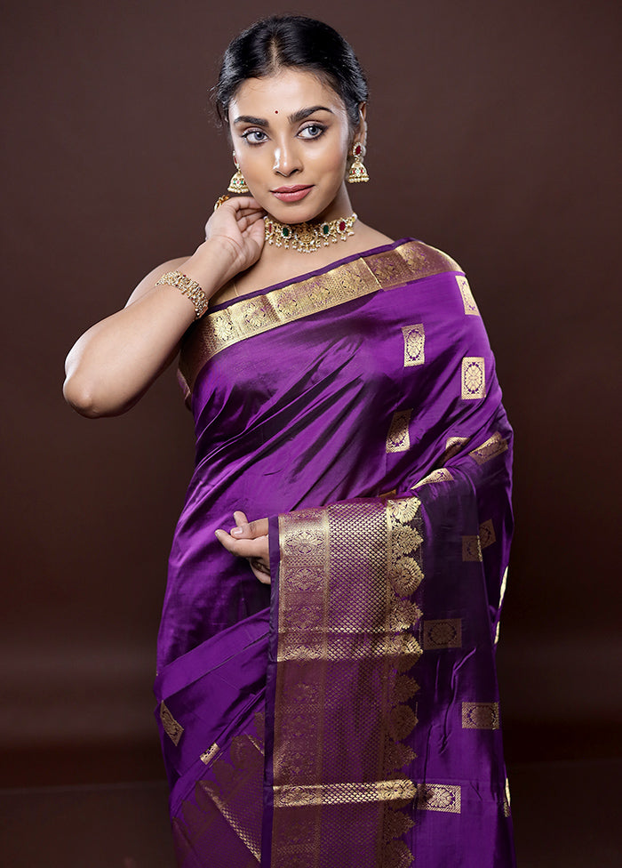 Purple Kanjivaram Silk Saree Without Blouse Piece - Indian Silk House Agencies