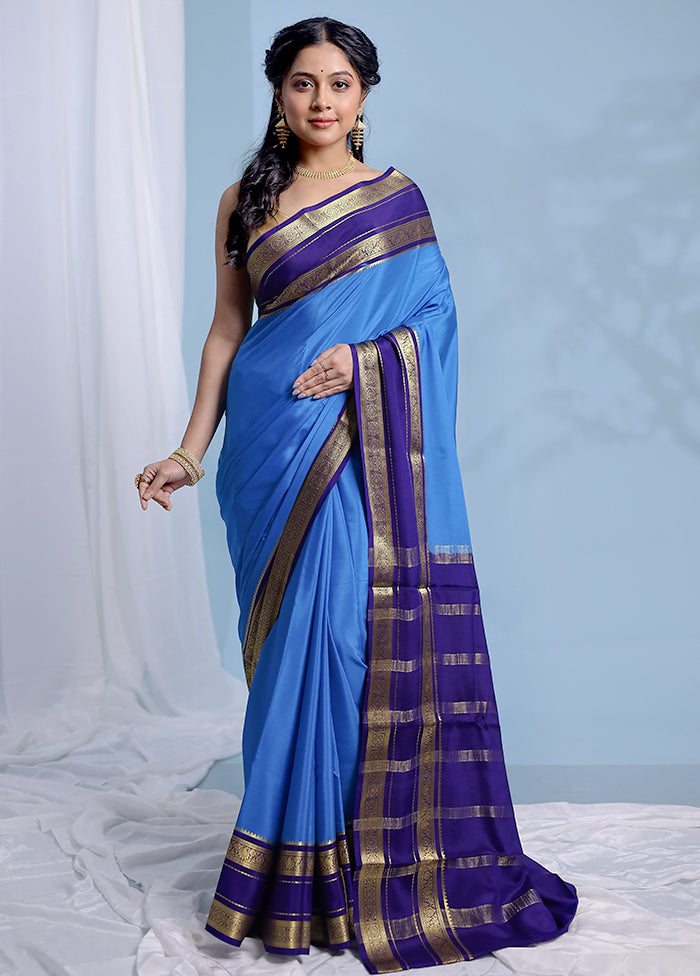 Blue Printed Pure Silk Saree With Blouse Piece - Indian Silk House Agencies