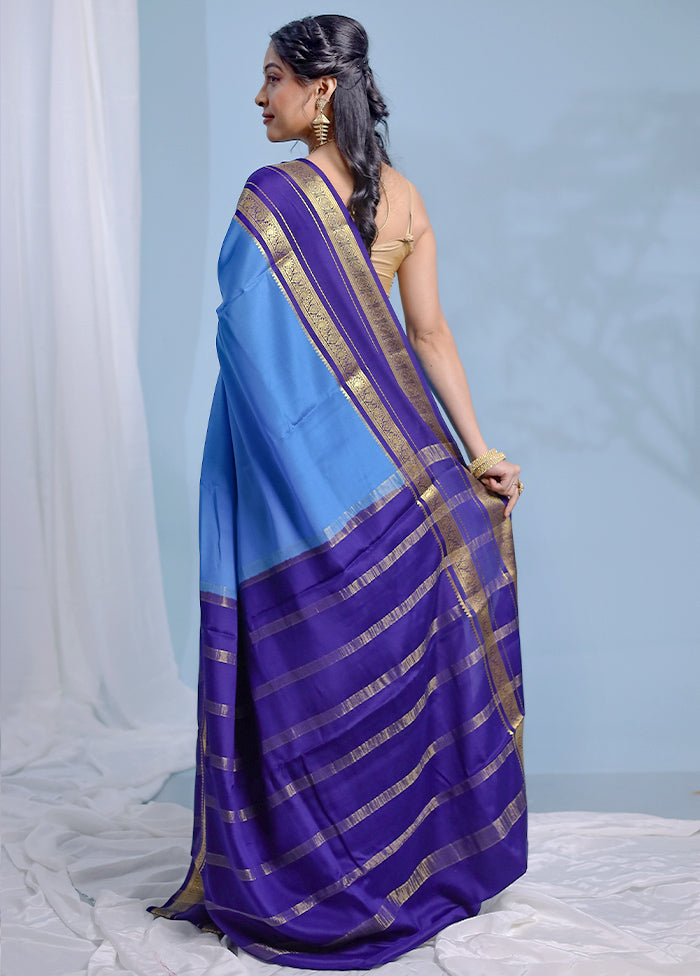 Blue Printed Pure Silk Saree With Blouse Piece - Indian Silk House Agencies