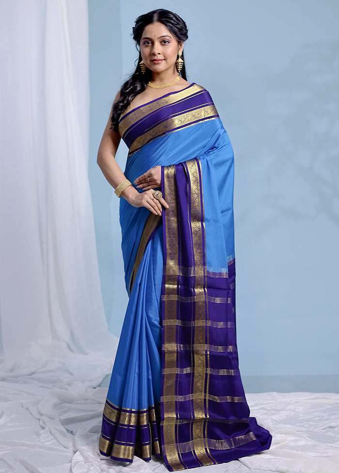 Blue Printed Pure Silk Saree With Blouse Piece - Indian Silk House Agencies