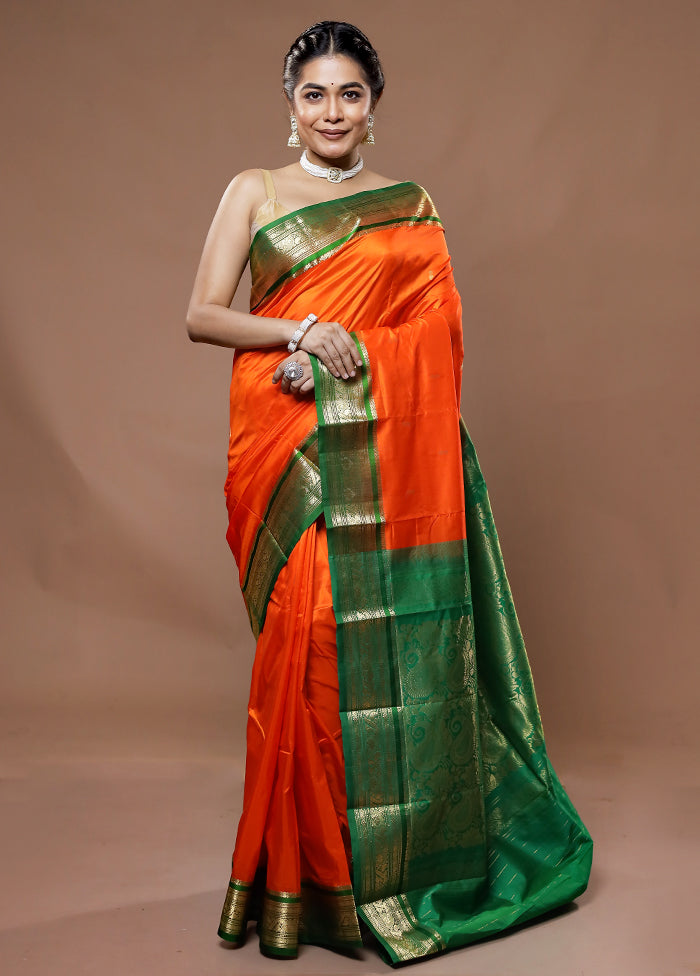 Orange Kanjivaram Silk Saree With Blouse Piece - Indian Silk House Agencies