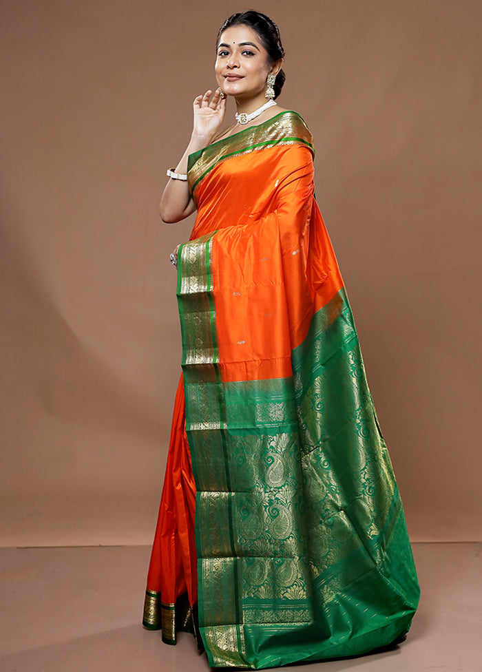 Orange Kanjivaram Silk Saree With Blouse Piece - Indian Silk House Agencies