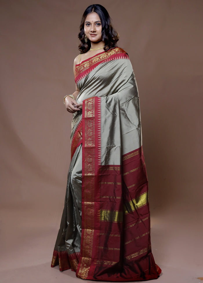 Grey Kanjivaram Silk Saree With Blouse Piece - Indian Silk House Agencies