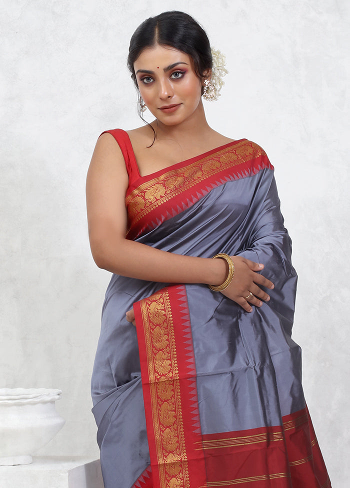 Grey Kanjivaram Silk Saree With Blouse Piece