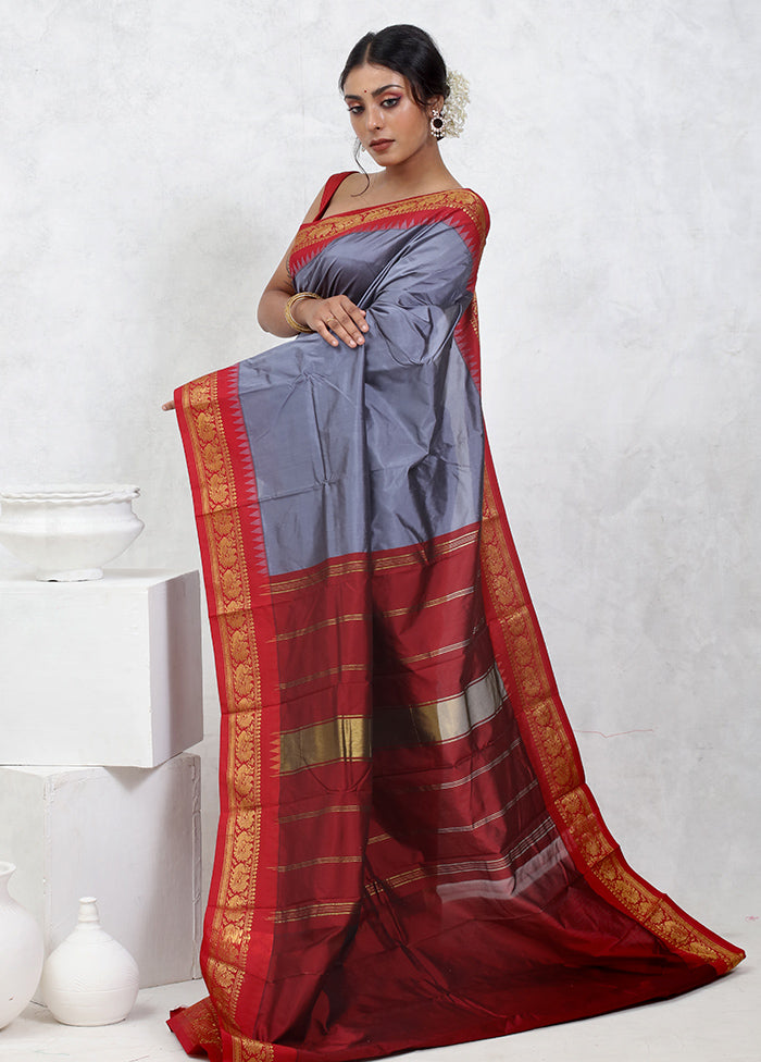 Grey Kanjivaram Silk Saree With Blouse Piece