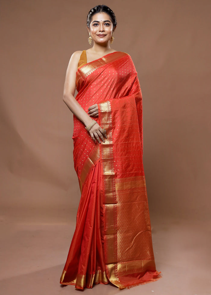 Orange Kanjivaram Silk Saree With Blouse Piece - Indian Silk House Agencies