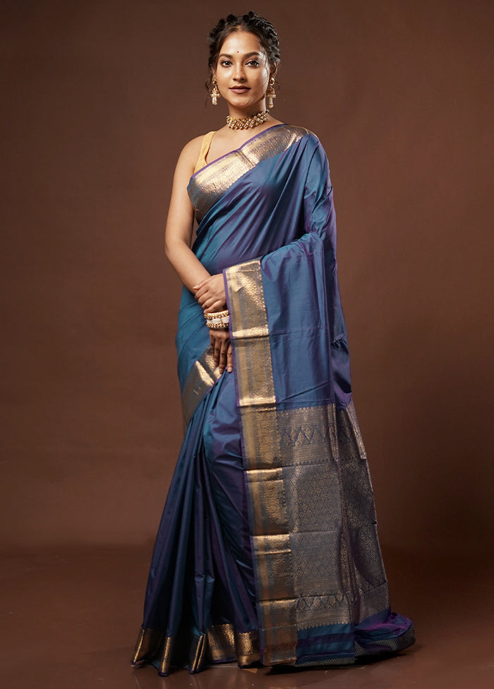 Blue Kanjivaram Silk Saree With Blouse Piece - Indian Silk House Agencies