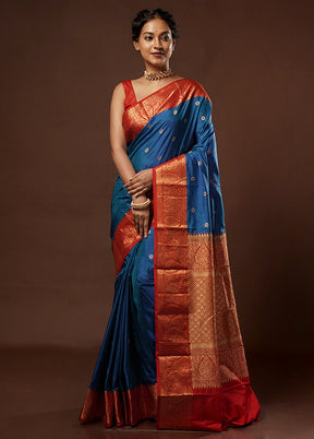 Blue Kanjivaram Pure Silk Saree With Blouse Piece - Indian Silk House Agencies