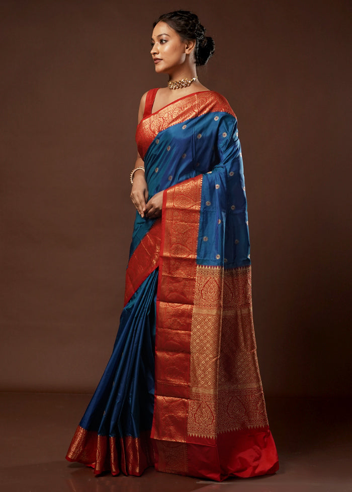 Blue Kanjivaram Pure Silk Saree With Blouse Piece - Indian Silk House Agencies