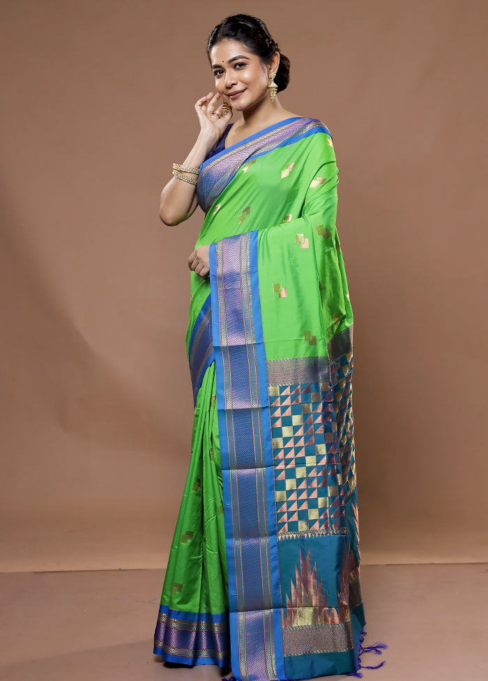 Green Kanjivaram Silk Saree With Blouse Piece - Indian Silk House Agencies