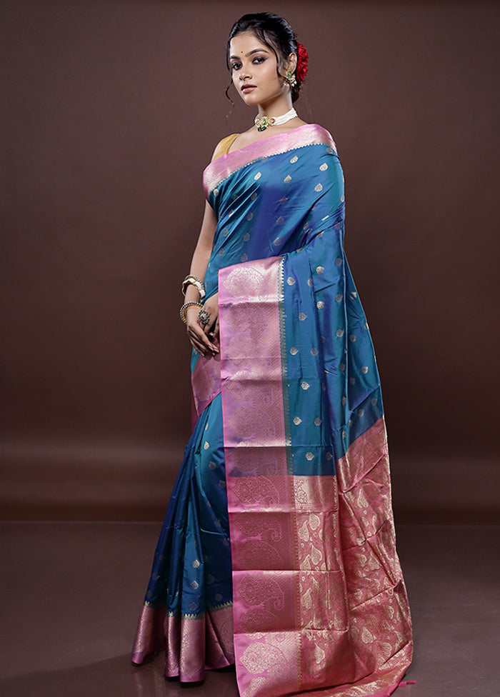 Blue Kanjivaram Silk Saree Without Blouse Piece - Indian Silk House Agencies