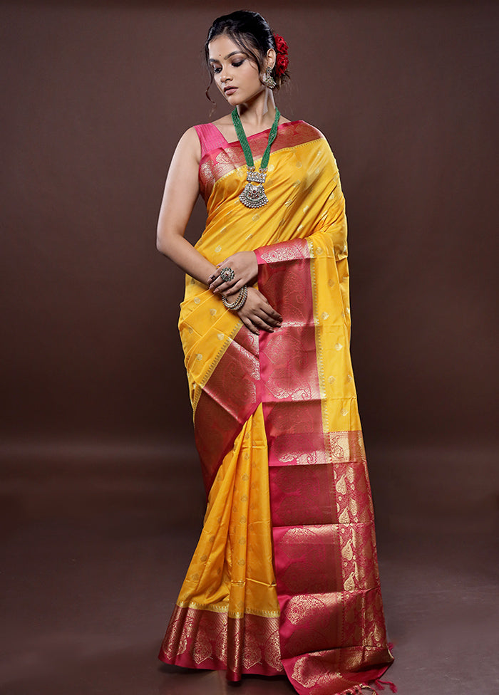 Yellow Kanjivaram Silk Saree Without Blouse Piece - Indian Silk House Agencies