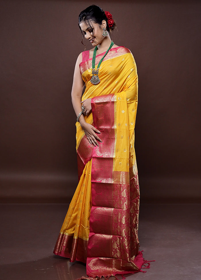 Yellow Kanjivaram Silk Saree Without Blouse Piece - Indian Silk House Agencies