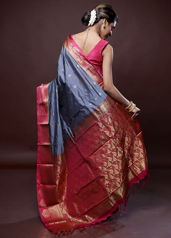 Grey Kanjivaram Silk Saree Without Blouse Piece - Indian Silk House Agencies