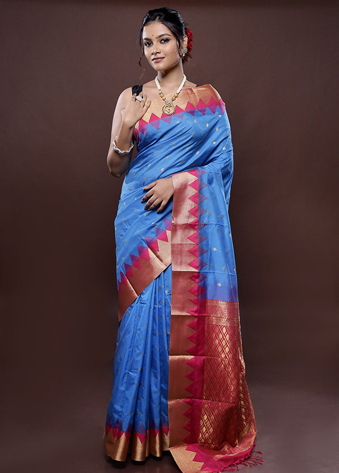 Blue Kanjivaram Silk Saree Without Blouse Piece - Indian Silk House Agencies