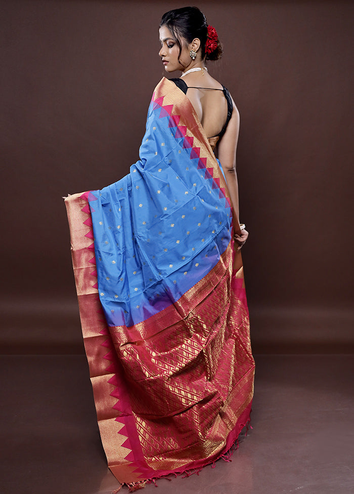 Blue Kanjivaram Silk Saree Without Blouse Piece - Indian Silk House Agencies