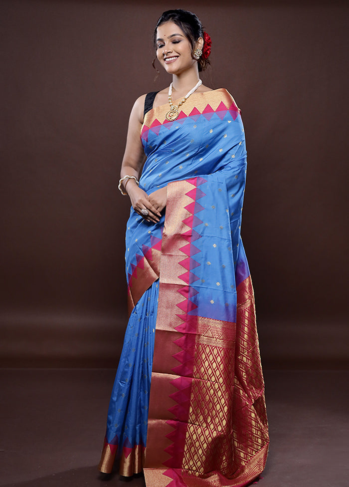 Blue Kanjivaram Silk Saree Without Blouse Piece - Indian Silk House Agencies