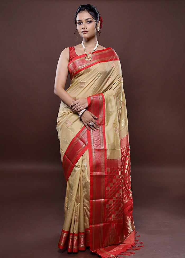 Cream Kanjivaram Silk Saree Without Blouse Piece - Indian Silk House Agencies