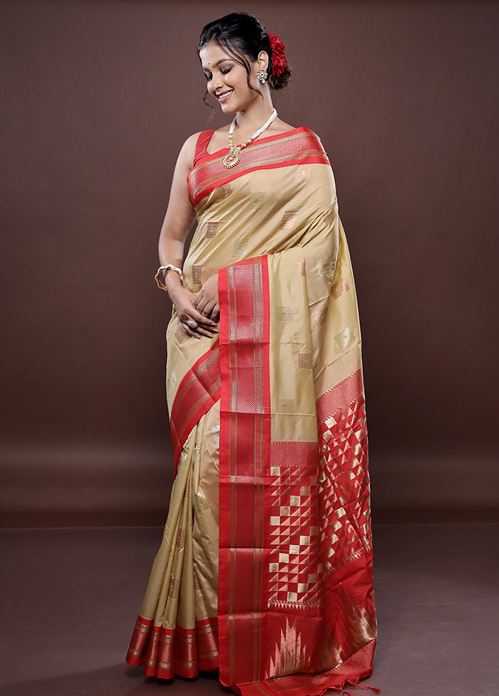 Cream Kanjivaram Silk Saree Without Blouse Piece - Indian Silk House Agencies