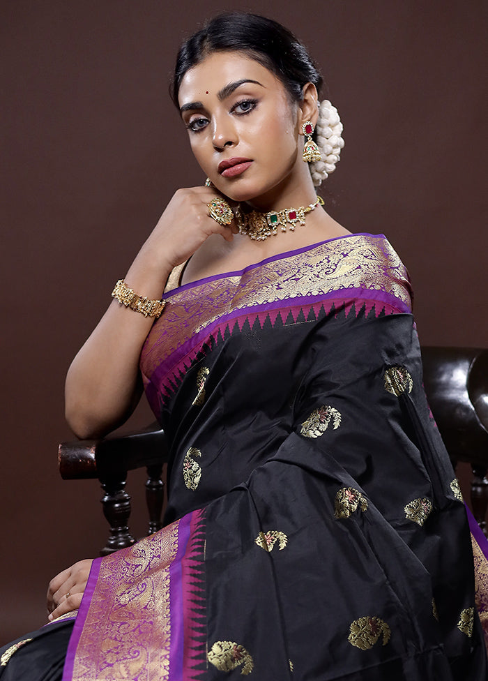 Black Kanjivaram Silk Saree Without Blouse Piece - Indian Silk House Agencies