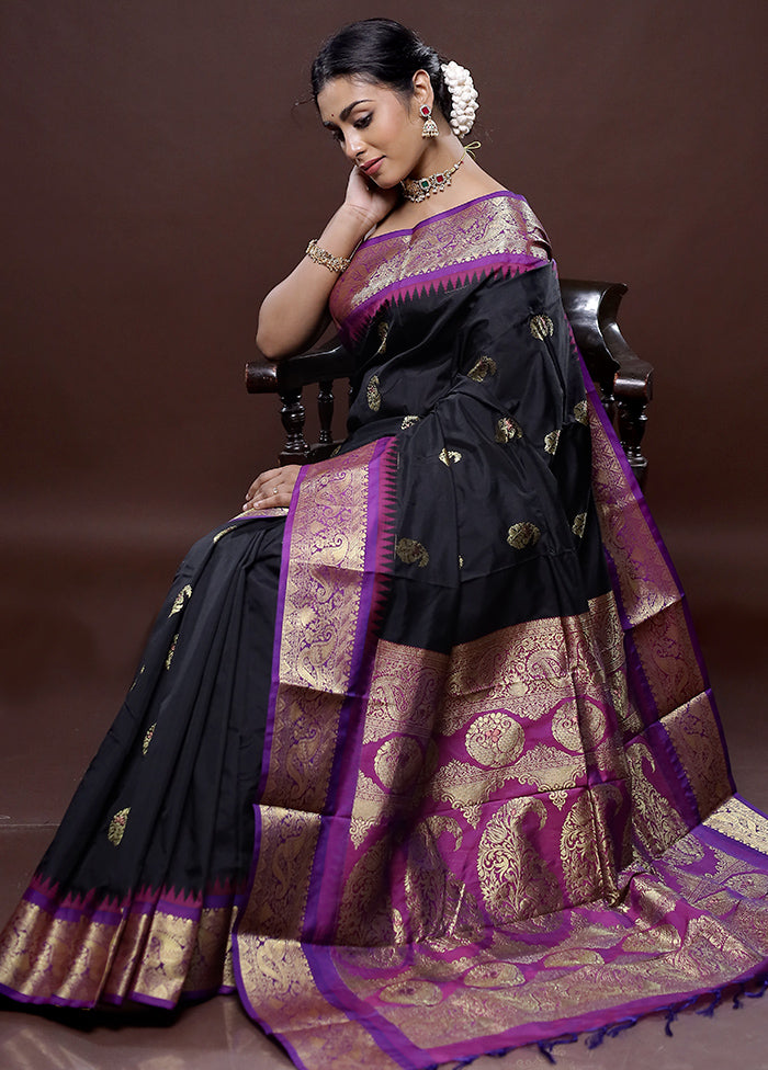 Black Kanjivaram Silk Saree Without Blouse Piece - Indian Silk House Agencies