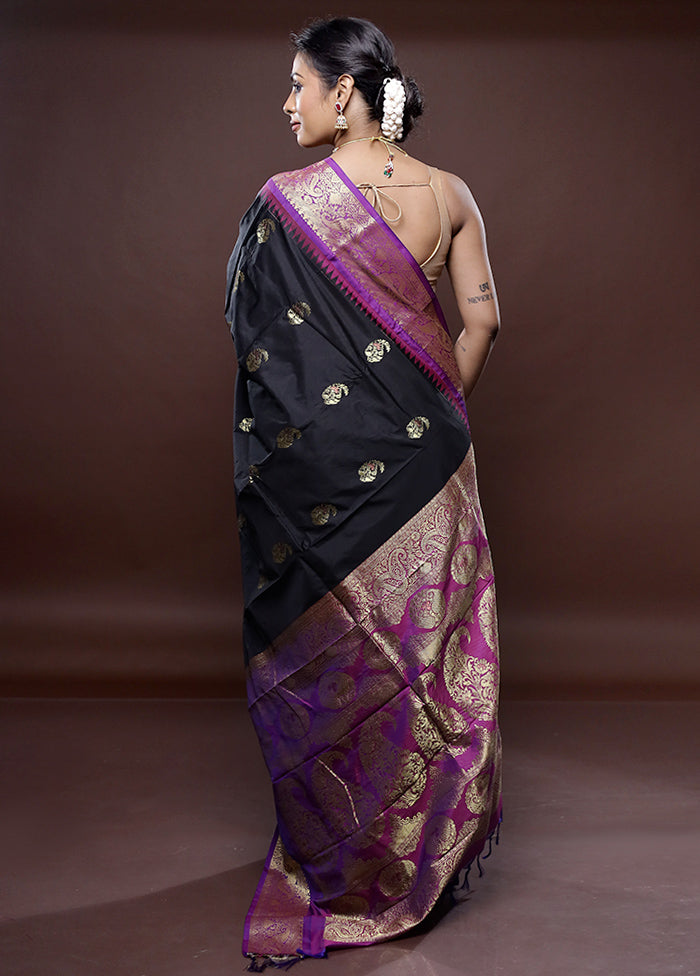 Black Kanjivaram Silk Saree Without Blouse Piece - Indian Silk House Agencies