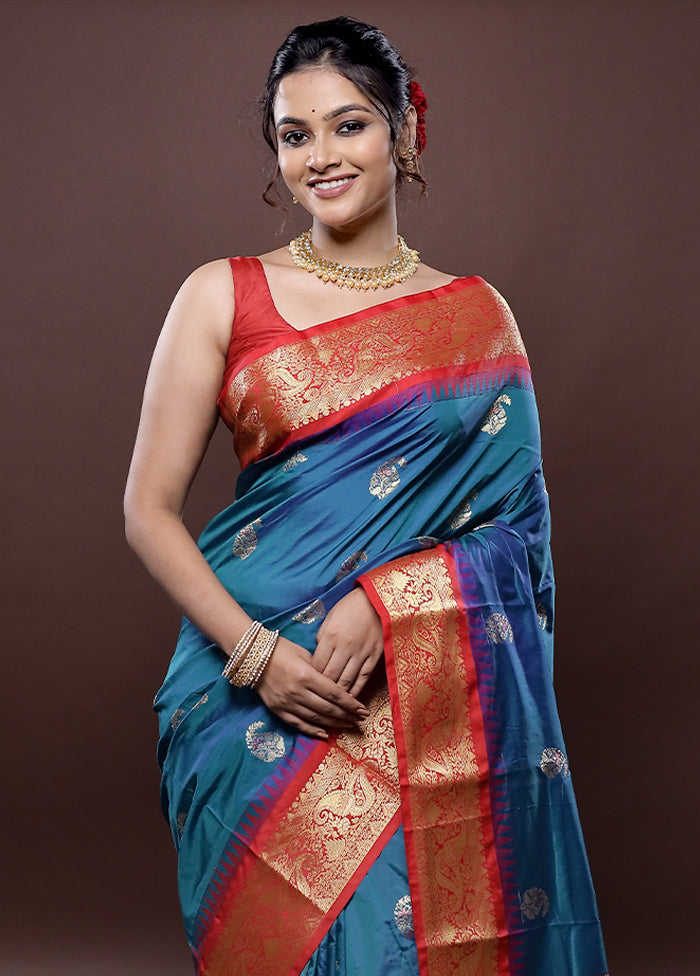 Blue Kanjivaram Silk Saree Without Blouse Piece - Indian Silk House Agencies