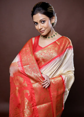 Cream Kanjivaram Silk Saree Without Blouse Piece - Indian Silk House Agencies