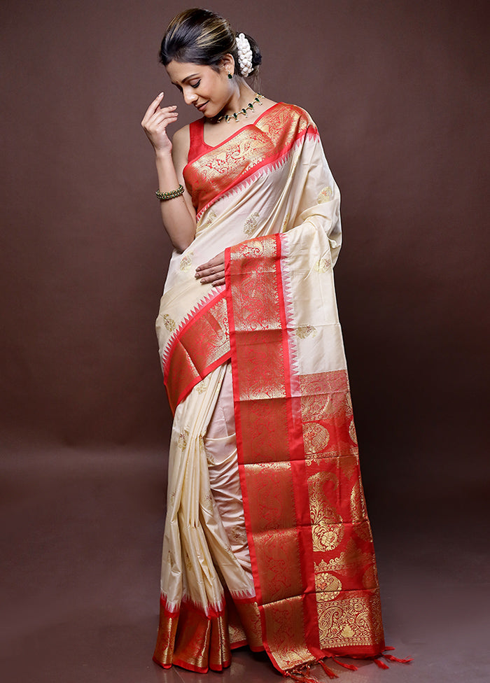 Cream Kanjivaram Silk Saree Without Blouse Piece - Indian Silk House Agencies