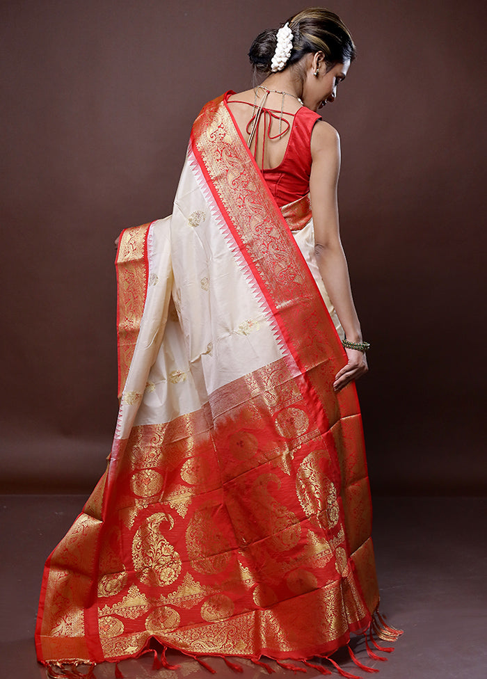 Cream Kanjivaram Silk Saree Without Blouse Piece - Indian Silk House Agencies