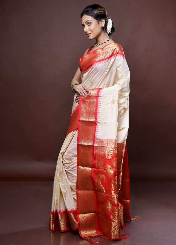 Cream Kanjivaram Silk Saree Without Blouse Piece - Indian Silk House Agencies