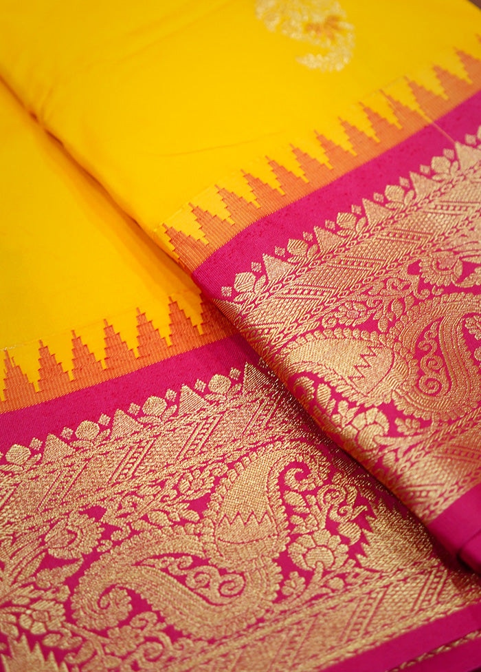 Yellow Kanjivaram Silk Saree Without Blouse Piece - Indian Silk House Agencies