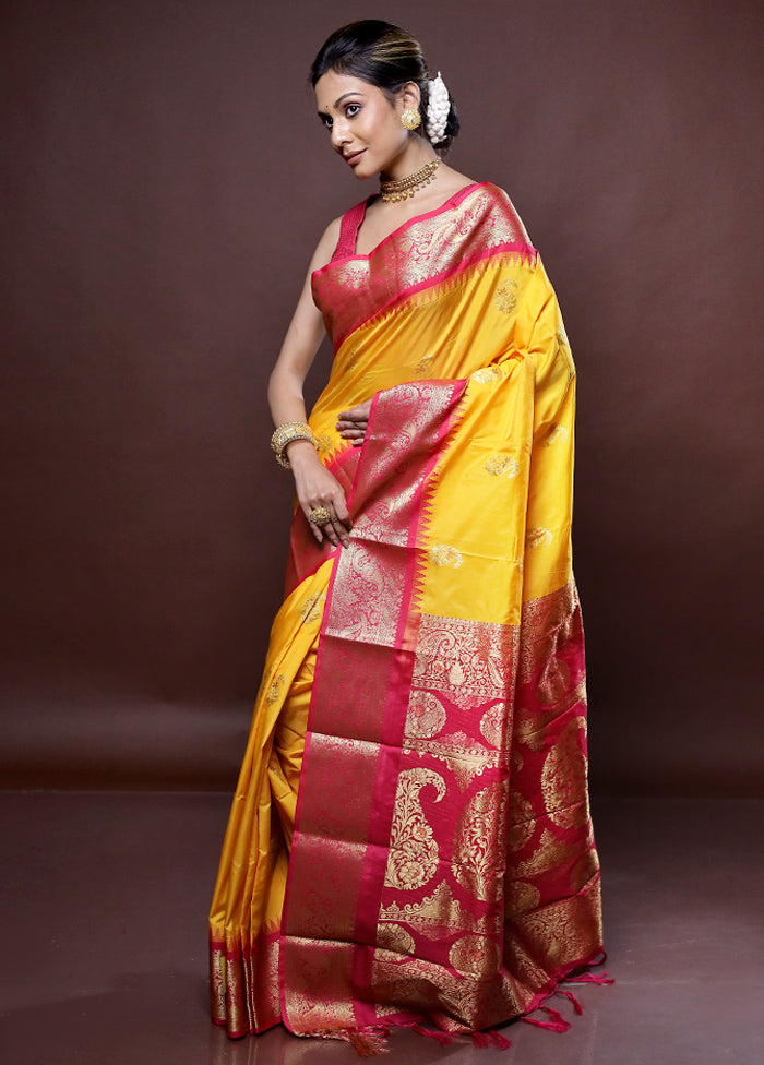 Yellow Kanjivaram Silk Saree Without Blouse Piece - Indian Silk House Agencies