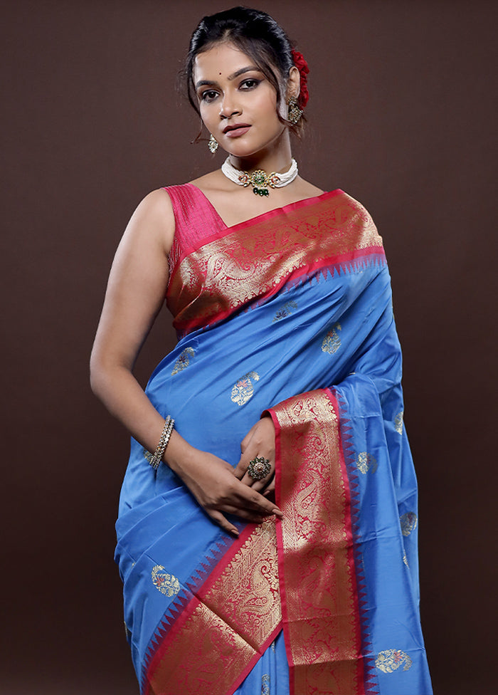 Blue Kanjivaram Silk Saree Without Blouse Piece - Indian Silk House Agencies