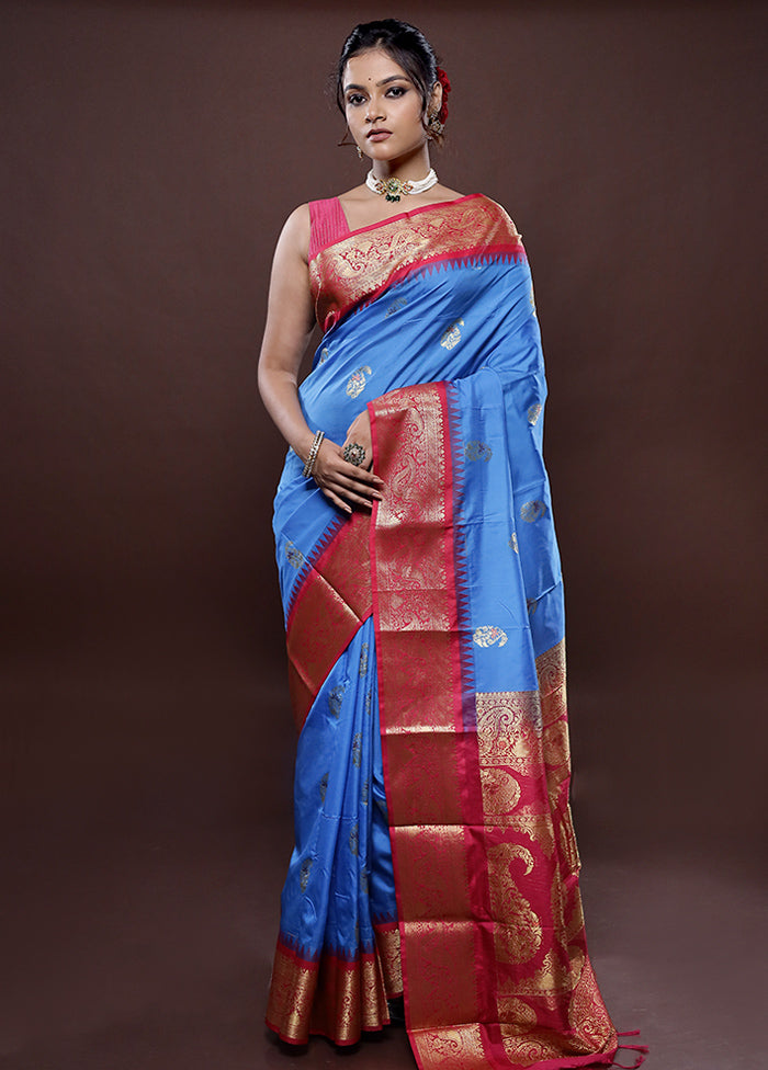 Blue Kanjivaram Silk Saree Without Blouse Piece - Indian Silk House Agencies