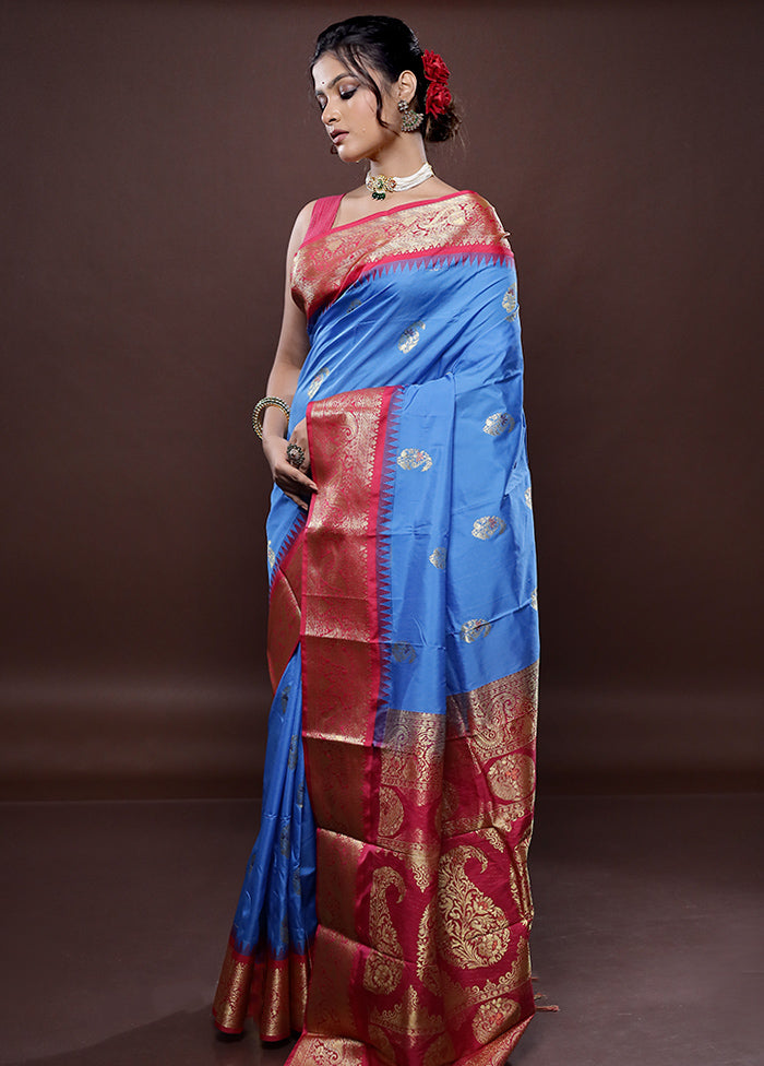 Blue Kanjivaram Silk Saree Without Blouse Piece - Indian Silk House Agencies