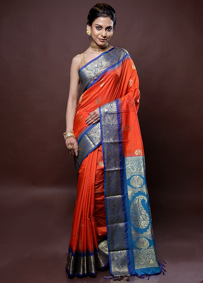 Orange Kanjivaram Silk Saree Without Blouse Piece - Indian Silk House Agencies