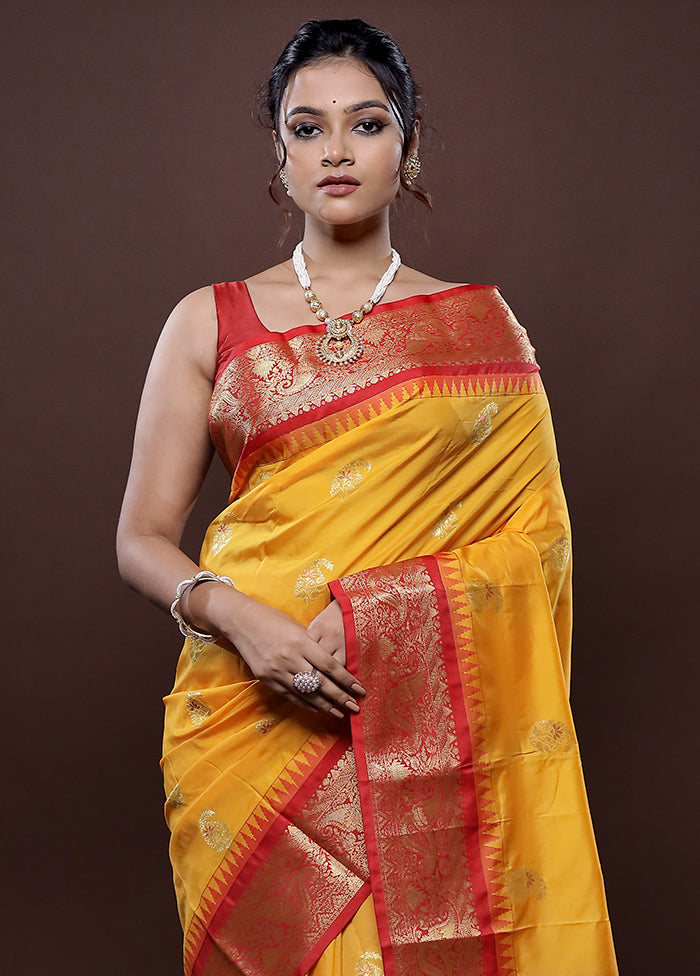 Yellow Kanjivaram Silk Saree Without Blouse Piece - Indian Silk House Agencies