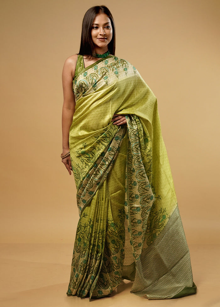 Green Printed Pure Silk Saree With Blouse Piece - Indian Silk House Agencies