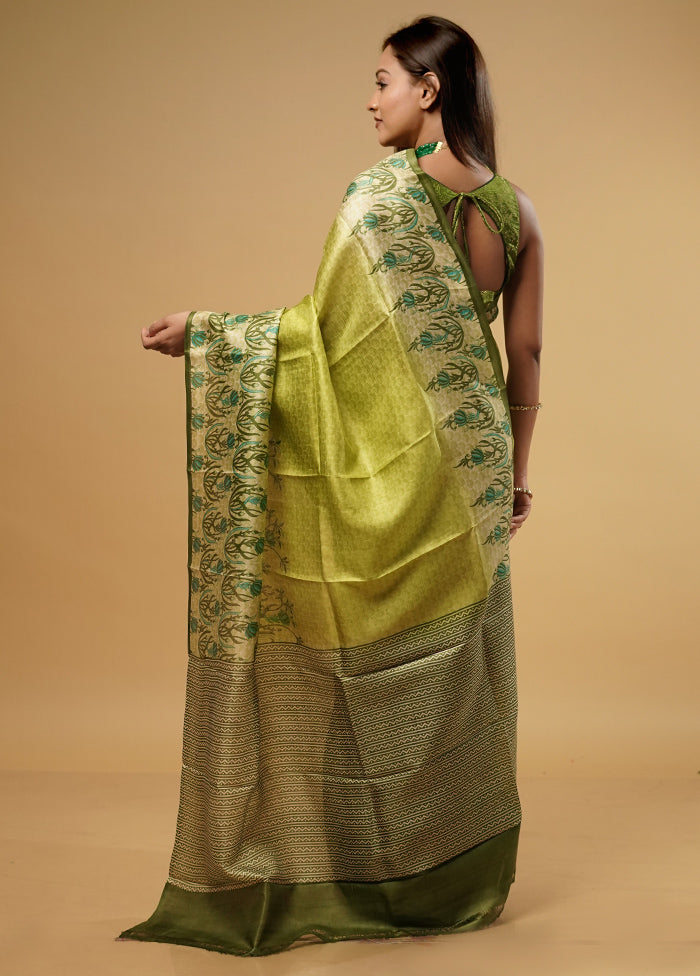 Green Printed Pure Silk Saree With Blouse Piece - Indian Silk House Agencies