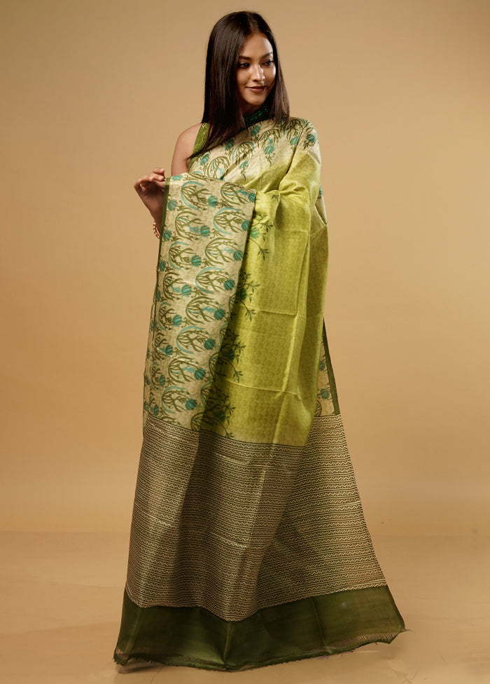 Green Printed Pure Silk Saree With Blouse Piece - Indian Silk House Agencies