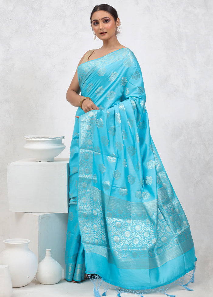 Blue Cotton Saree With Blouse Piece - Indian Silk House Agencies