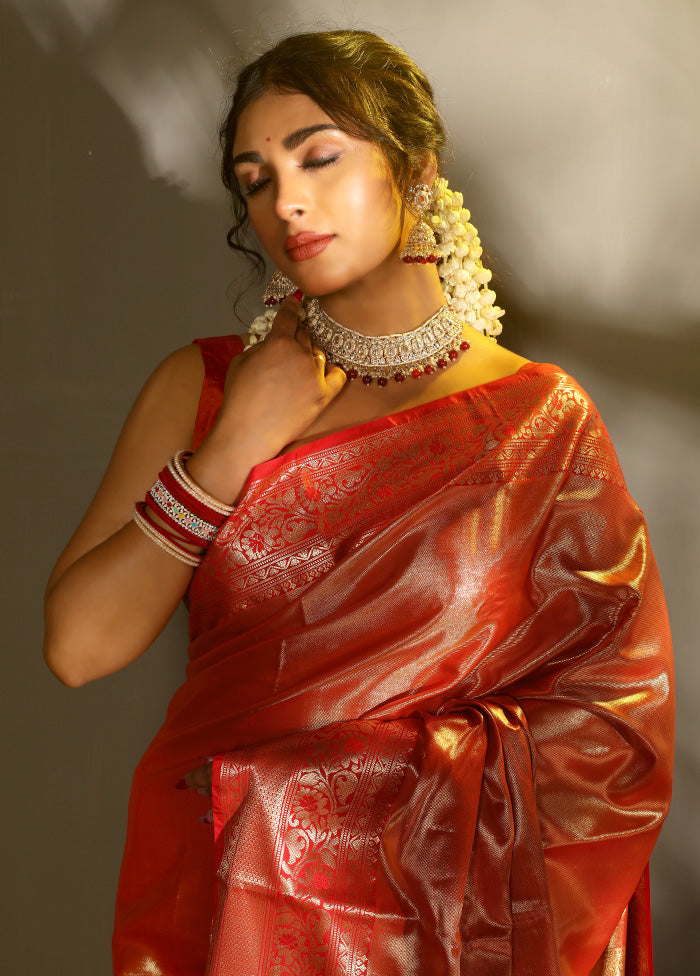 Red Kanjivaram Silk Saree With Blouse Piece - Indian Silk House Agencies