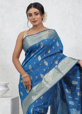 Blue Kanjivaram Silk Saree With Blouse Piece