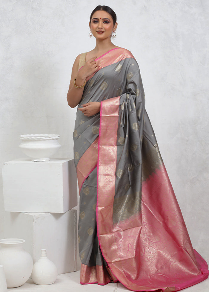 Grey Kanjivaram Silk Saree With Blouse Piece