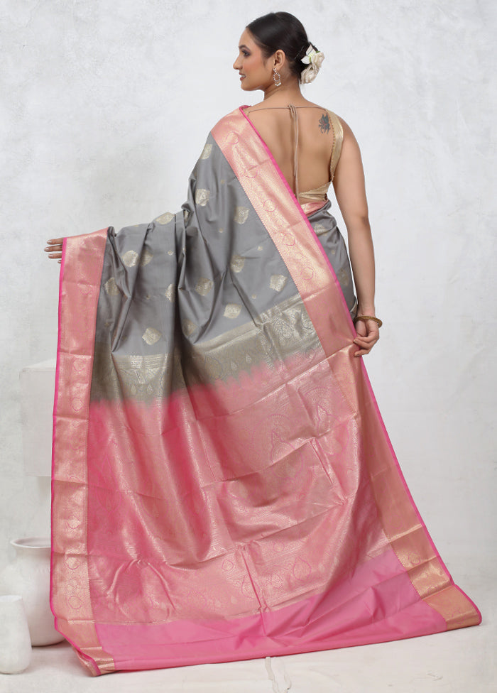 Grey Kanjivaram Silk Saree With Blouse Piece