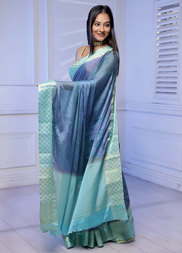 Blue Chiffon Silk Saree With Blouse Piece